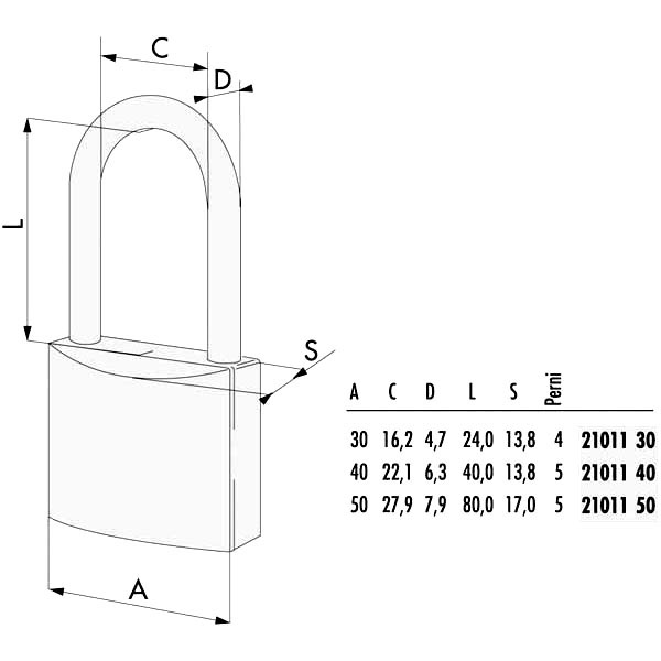 LUCCHETTO OTTONE mm 30 ARCO LUNGO    21011 CISA LL
