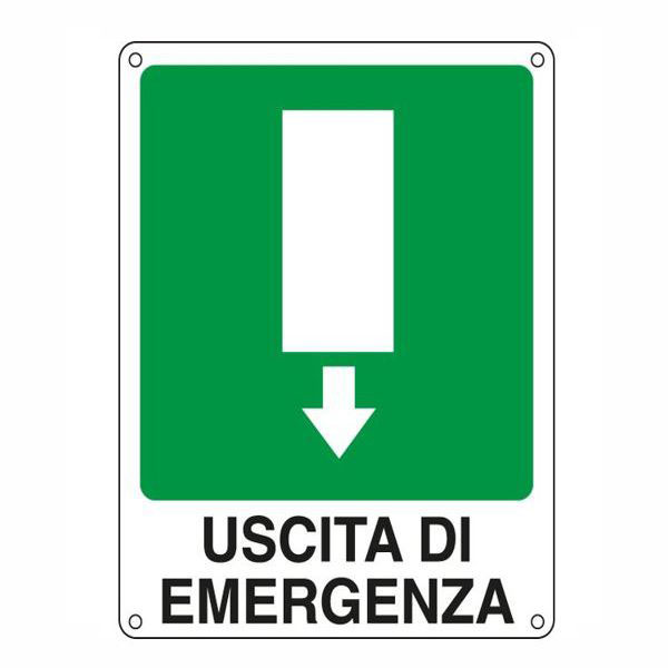 CARTELLO USCITA EMERGENZA GIU’    20x 30 ALLUMINIO