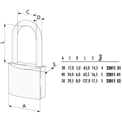 LUCCHETTO OTTONE mm 30 ARCO EXTRA LUNGO 22011 CISA