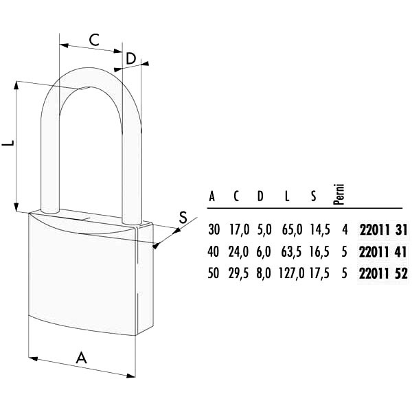 LUCCHETTO OTTONE mm 40 ARCO EXTRA LUNGO 22011 CISA