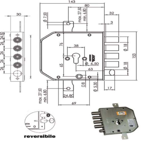 SERRATURA SIC.TRIPLICE SX CIL. E63      AP954 MOIA
