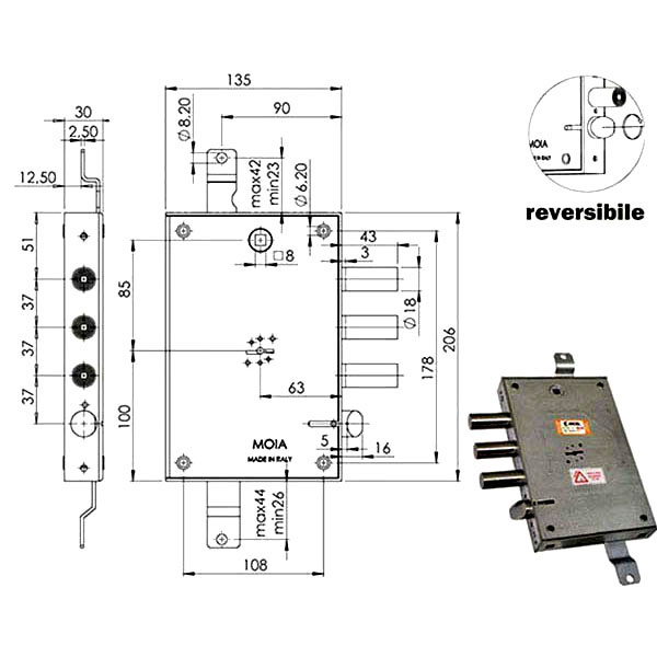 SERRATURA SIC.TRIPLICE DX DM E63      614/370 MOIA