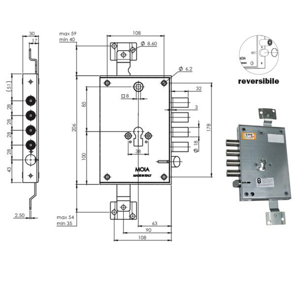 SERRATURA SIC.TRIPLICE.CIL. E63    RCE664/280 MOIA